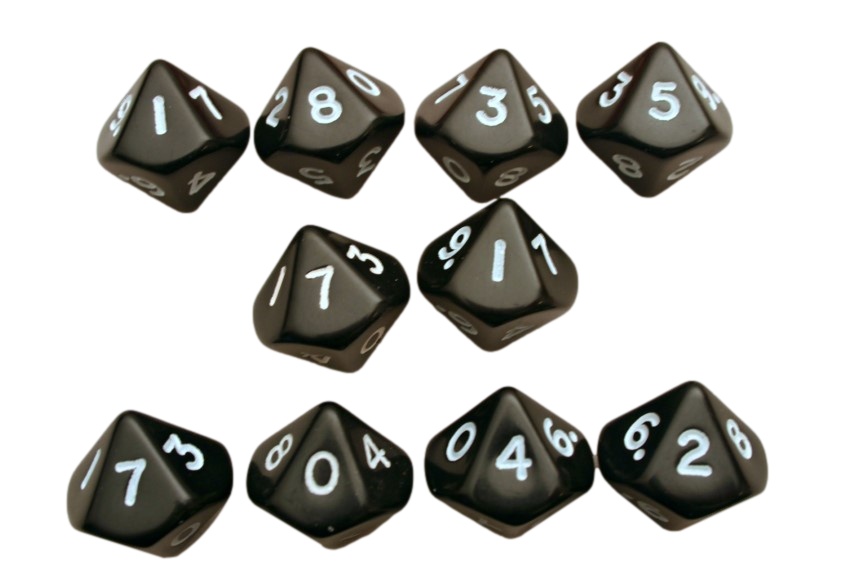 Dice Set of 10 x D10 Opaque Ten Sided Dice - Black